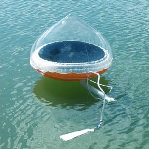 A cone-shaped floating solar still desalinates seawater.