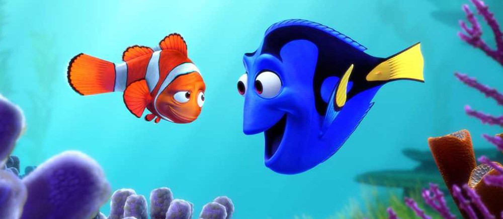 Cartoon of two fish -- one orange and white and one blue and yellow -- looking at each other surrounded by purple coral.