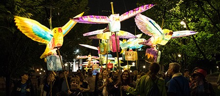 A large group of people parade down a pathway holding aloft large, lanterns shaped like animals and flowers illuminated against the dark sky.