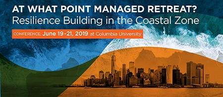 A photo of the skyline of Manhattan with the words "At What Point Managed Retreat? Resilience Building in the Coastal Zone" ghosted over it.