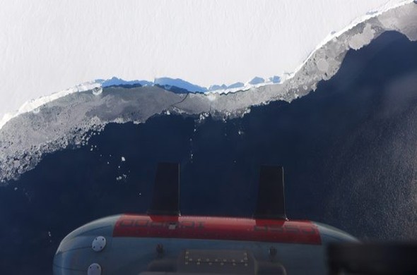 The IcePod flying over the the Ross Ice Shelf in Antarctica as part of the ROSETTA-Ice project.