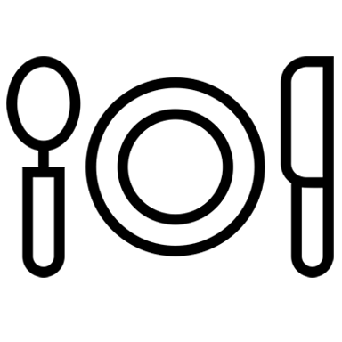 An icon of a fork, plate, and knife made by ProSymbols from the Noun Project