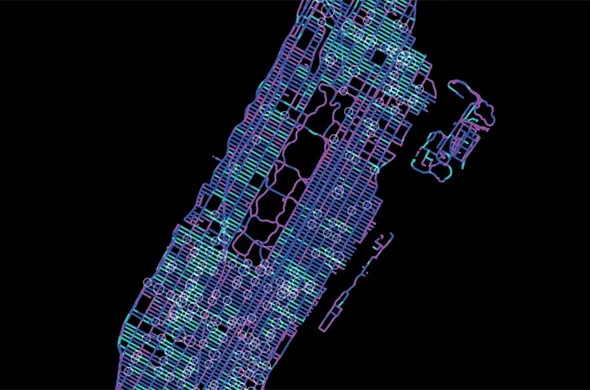 A blueprint of Manhattan indicates properties lots and parks.