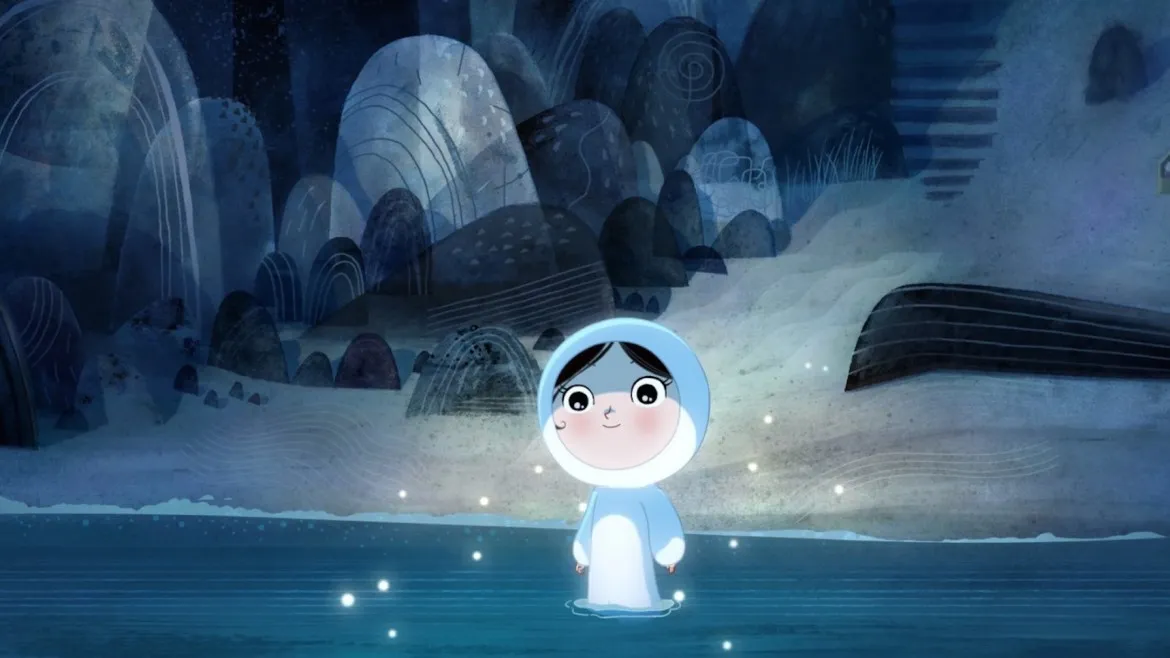 Cartoon character of a little girl standing in the water on a beach.