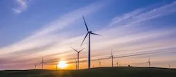 A dozen solar-powered windmills stretched across a barren field with sunsetting in the distance.