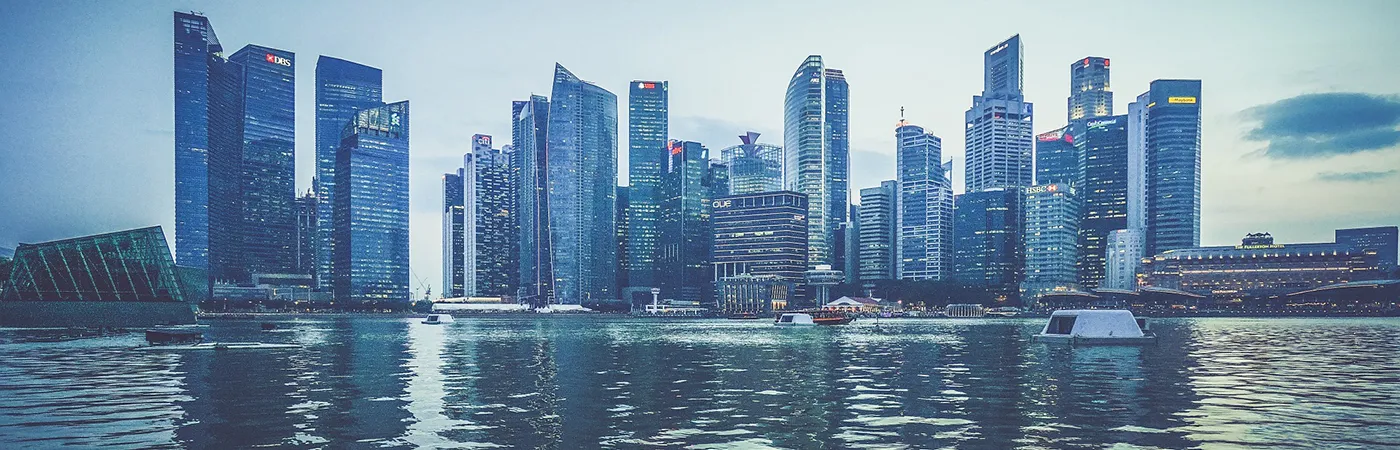 A photograph of the skyline of a sprawling city reflected in the waterfront